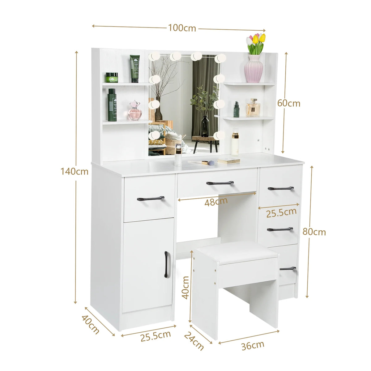 Yamissi Makeup Vanity with 3 Color Lights, Vanity Desk with Sliding Mirror, Vanity Set Makeup Table, Storage Drawers and Shelves, White