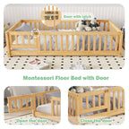 Bellemave Full Size Floor Bed with Door and Fence Floor Bed with Bed Slats Sturdy Wood Floor Bed Montessori Bed Frame (Full, Pink)
