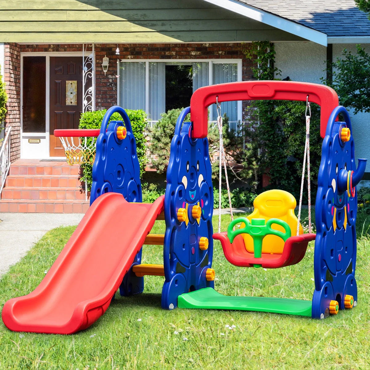 Costway 3 in 1 Junior Children Climber Slide Swing Seat Basketball Hoop Playset Backyard