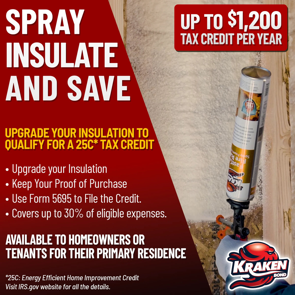 Kraken Bond Fastcoat Spray Foam Insulation Kit, Class A Fire Rated, 240 Board Feet, Closed Cell - 12 Pack Set