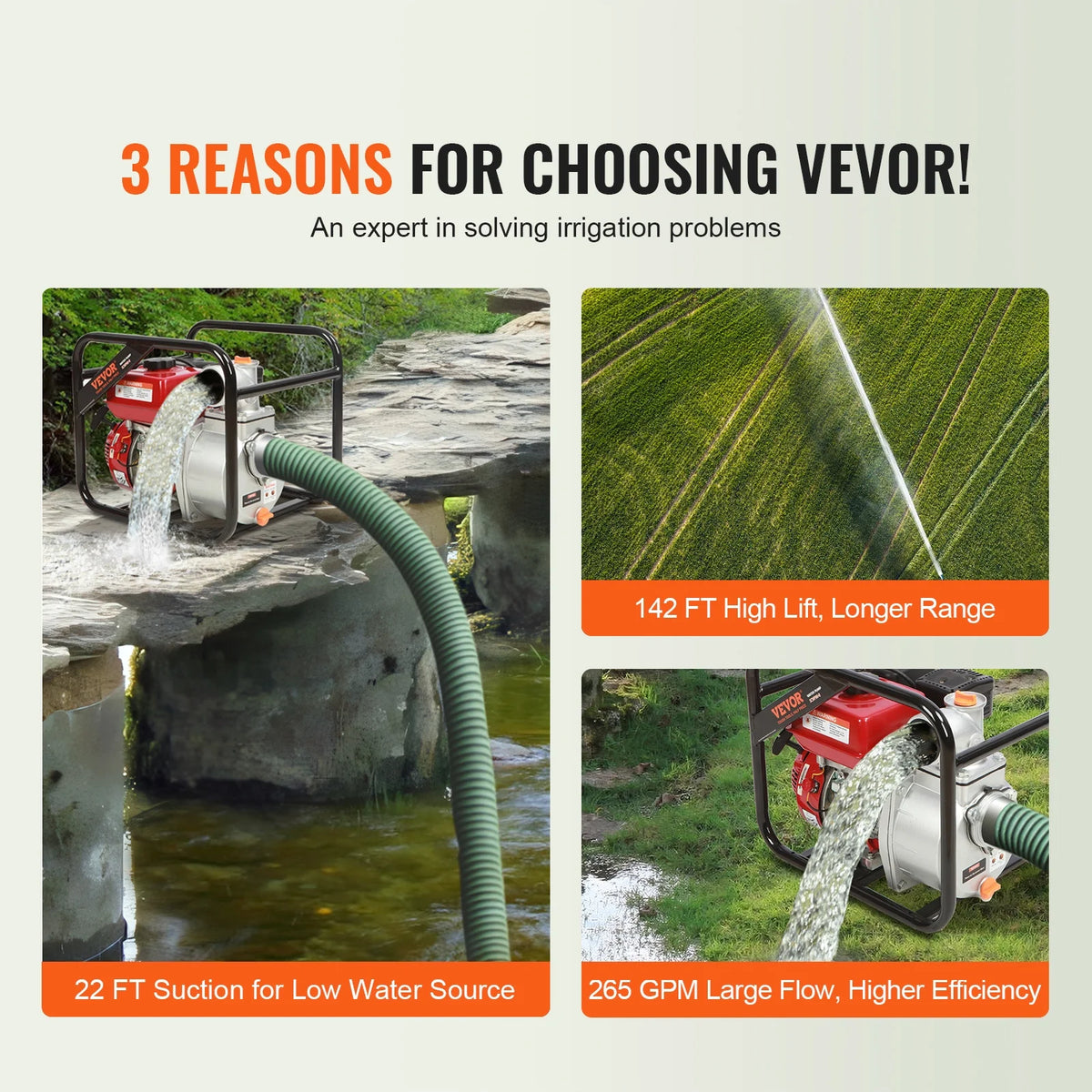 VEVOR Gasoline Engine Water Pump,3-inch, 7HP 265 GPM, 142ft Lift, 22ft Suction,4-Stroke Gas Powered Trash Water Transfer Pump Portable High Pressure with 25ft Hose for Irrigation Pool, EPA Certified