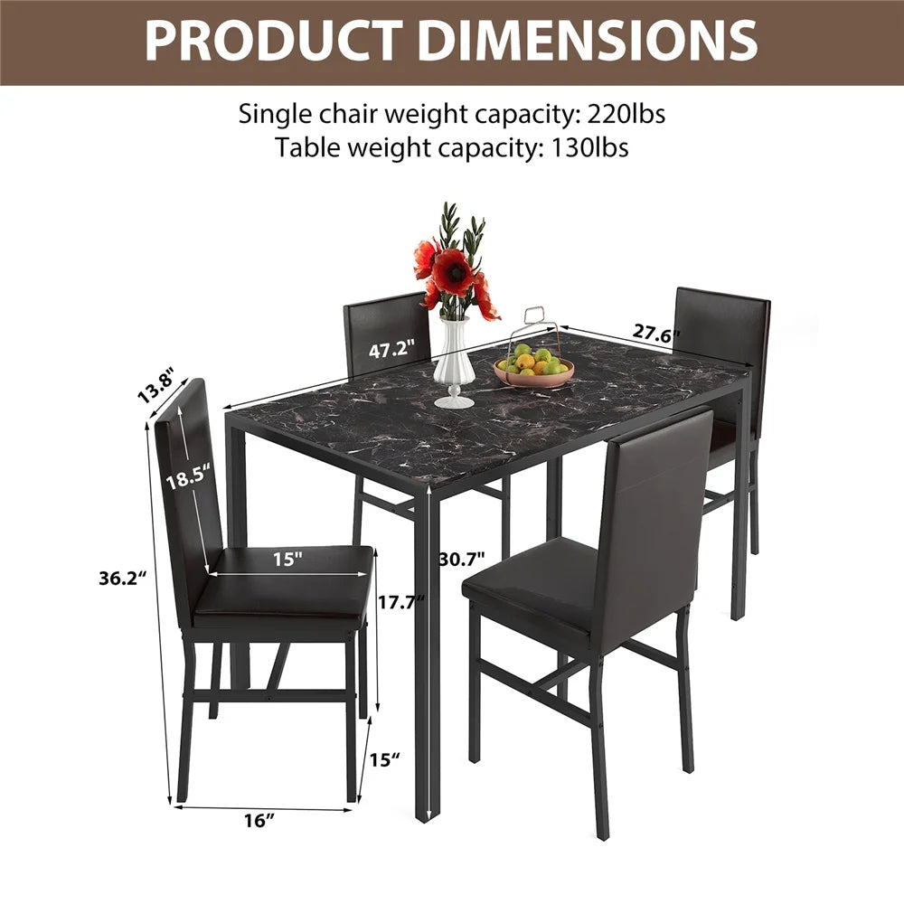 5 Piece Dining Room Table Set, Modern Dining Table Sets with Gray Velvet Upholstered Chairs for 4, Faux Marble Pattern Rectangle Kitchen Table Set for Bar Living Room Breakfast Nook Small Space