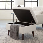 OFM Mid Century Modern Tufted Fabric Storage Ottoman, Walnut Legs, in Beige