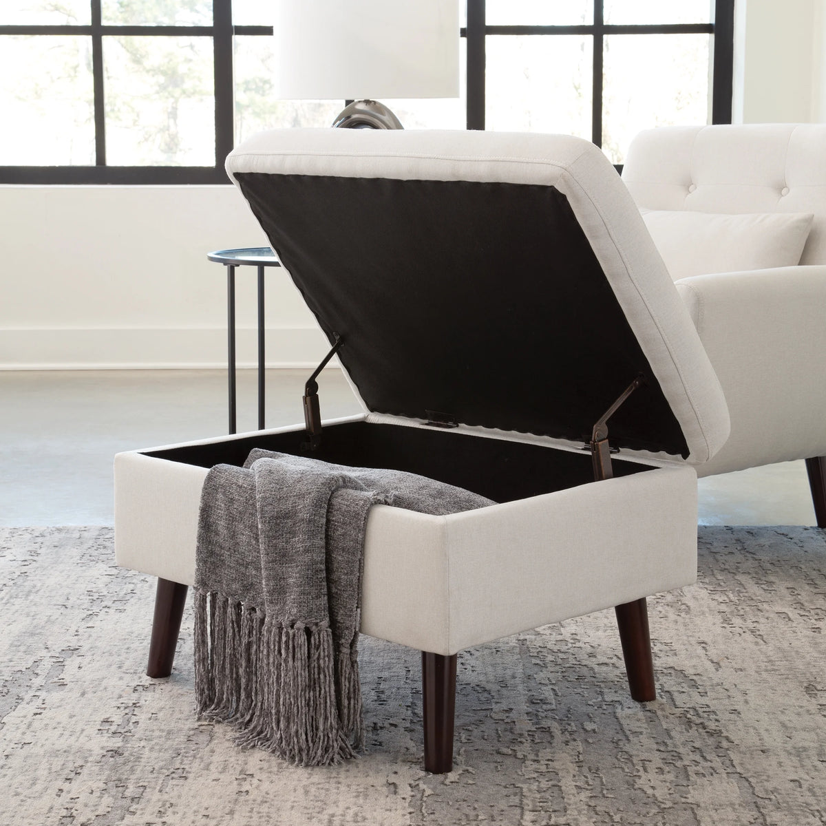 OFM Mid Century Modern Tufted Fabric Storage Ottoman, Walnut Legs, in Beige