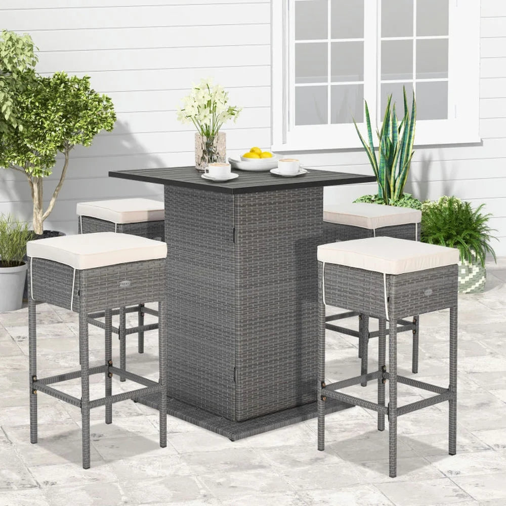 Topcobe 5 Pieces Outdoor Wicker Bar Table Set with Hidden Storage Shelves, Outdoor Patio Furniture for Garden Backyard Pool Deck-White