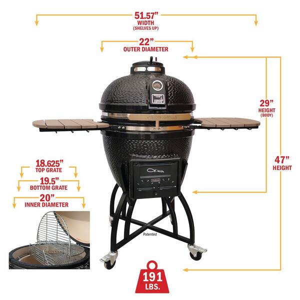 22 in. Kamado S-Series Ceramic Charcoal Grill in Black with Cover, Cart, Side Shelves, Two Cooking Grates and Ash Drawer