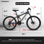 A2760 27.5 Inch Full Suspension Mountain Bike, Front and Rear Dual Shock Absorbers, Mechanical Disc Brakes, 21-Speed, Suitable for Men and Women, Ideal for Travel and Fitness Enthusiasts