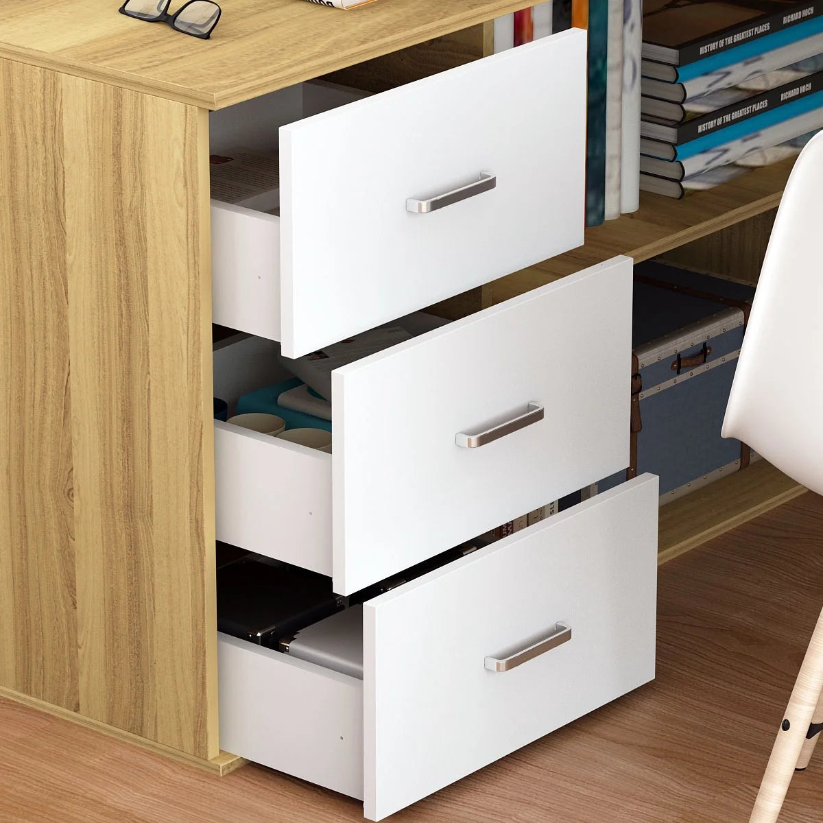 WIAWG 55" White L Shaped Desk with Storage Shelf Corner Office Writing Desk Study Workstation Table