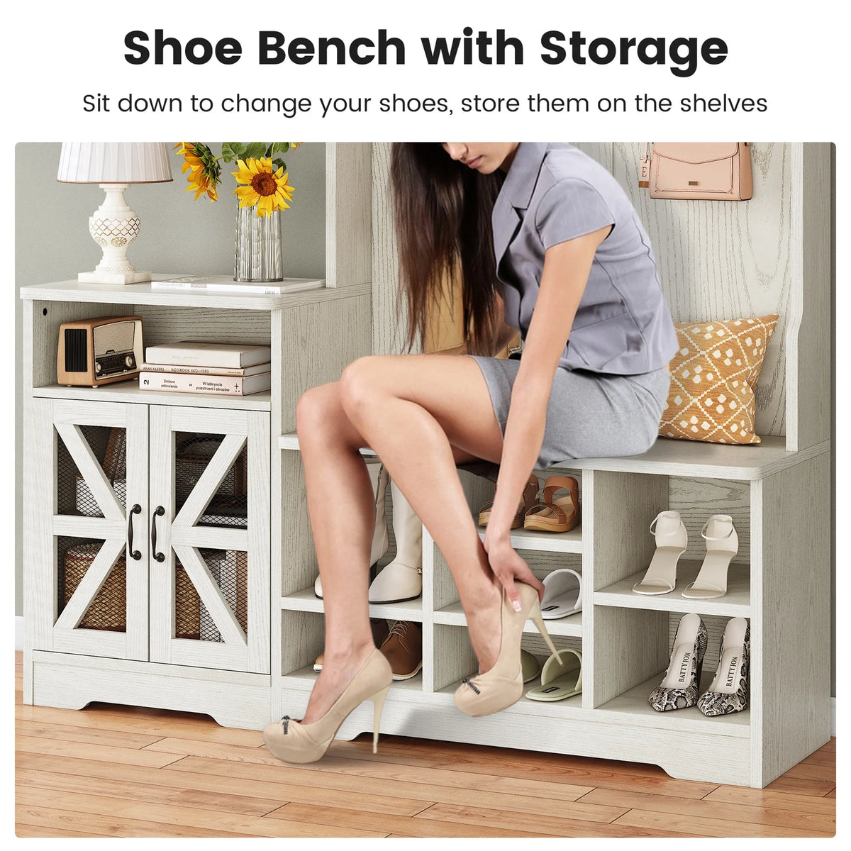 Farmhouse Wood Hall Tree with Shoe Bench and Console Table, LED 4-in-1 Coat Rack with 8 Hooks and 7 Adjustable Shoe Cubbies, Multifunctional Entryway Storage Organizer with Cabinet, Vintage White