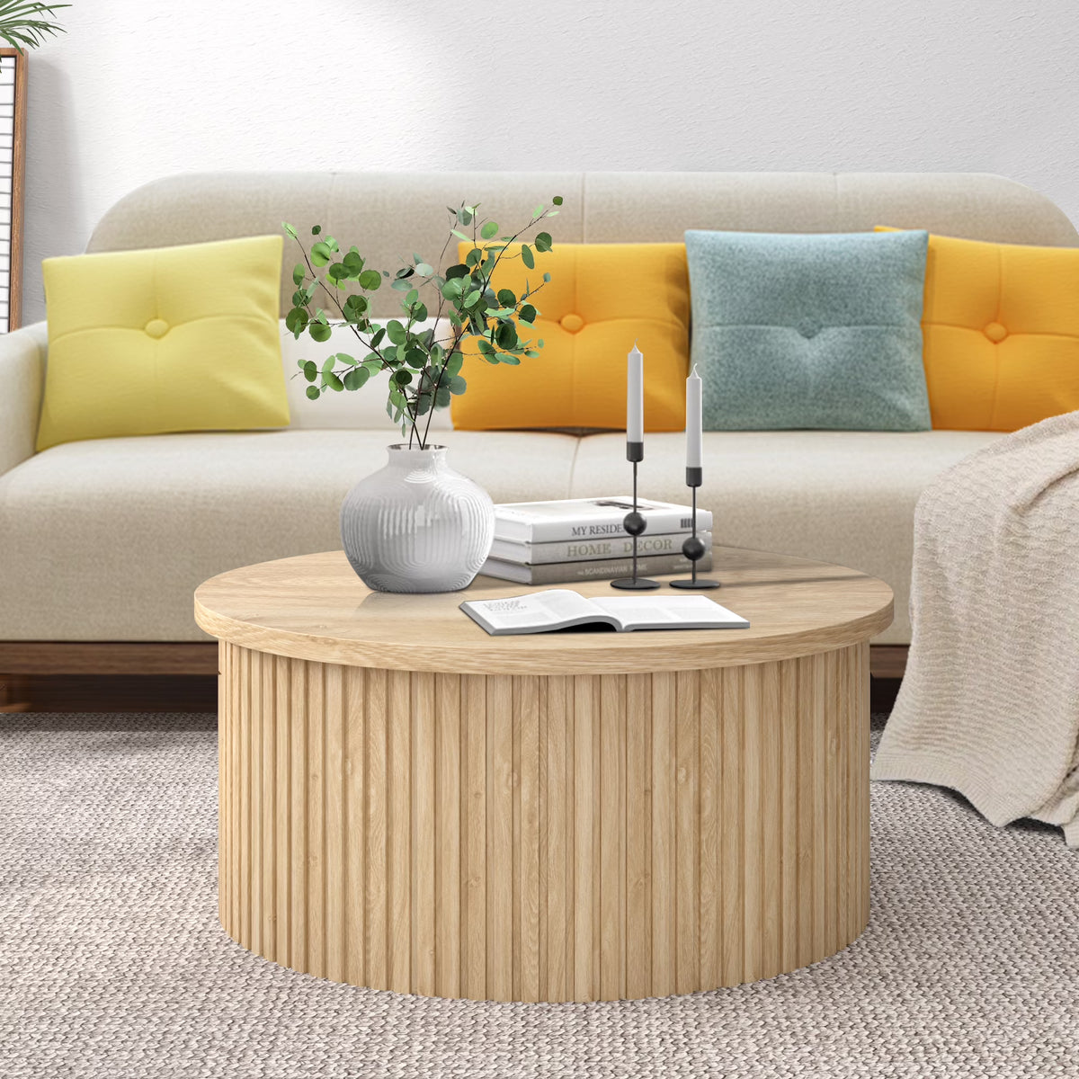 Oubayajia Round Coffee Table with Storage, Wood Lift Top Coffee Table, Waveform Panel, Natural