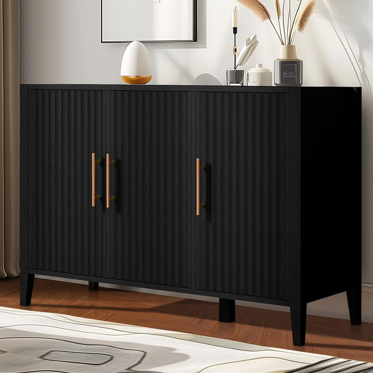Black Accent Cabinet, Atumon Storage Cabinet Furniture, Modern Buffet Sideboard, Wooden Accent Cabinet with 3 Doors, Accent Storage Cabinet for Entryway Hallway Living Room, 48"L x 17.7"W x 31.9"H