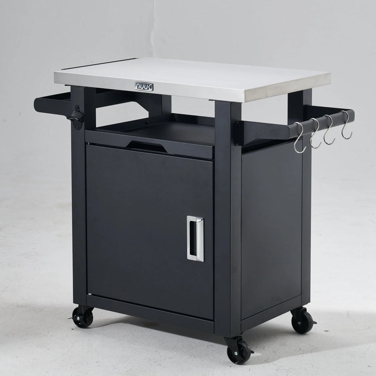 Deluxe 30IN Outdoor Rolling Grill Cook Station, Bar Table with Patio Storage Cabinet and Outdoor Dining Table, Black