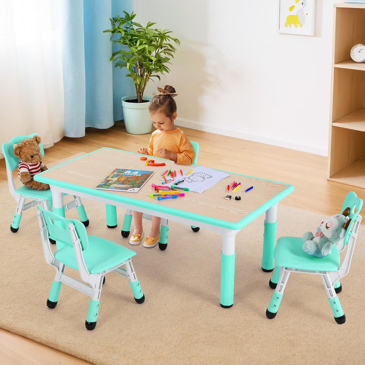 LAZY BUDDY Kids Table and 4 Chairs Set, Height Adjustable Toddler Desk with Graffiti Desktop, Kids Activity Table Set for Daycare, Home