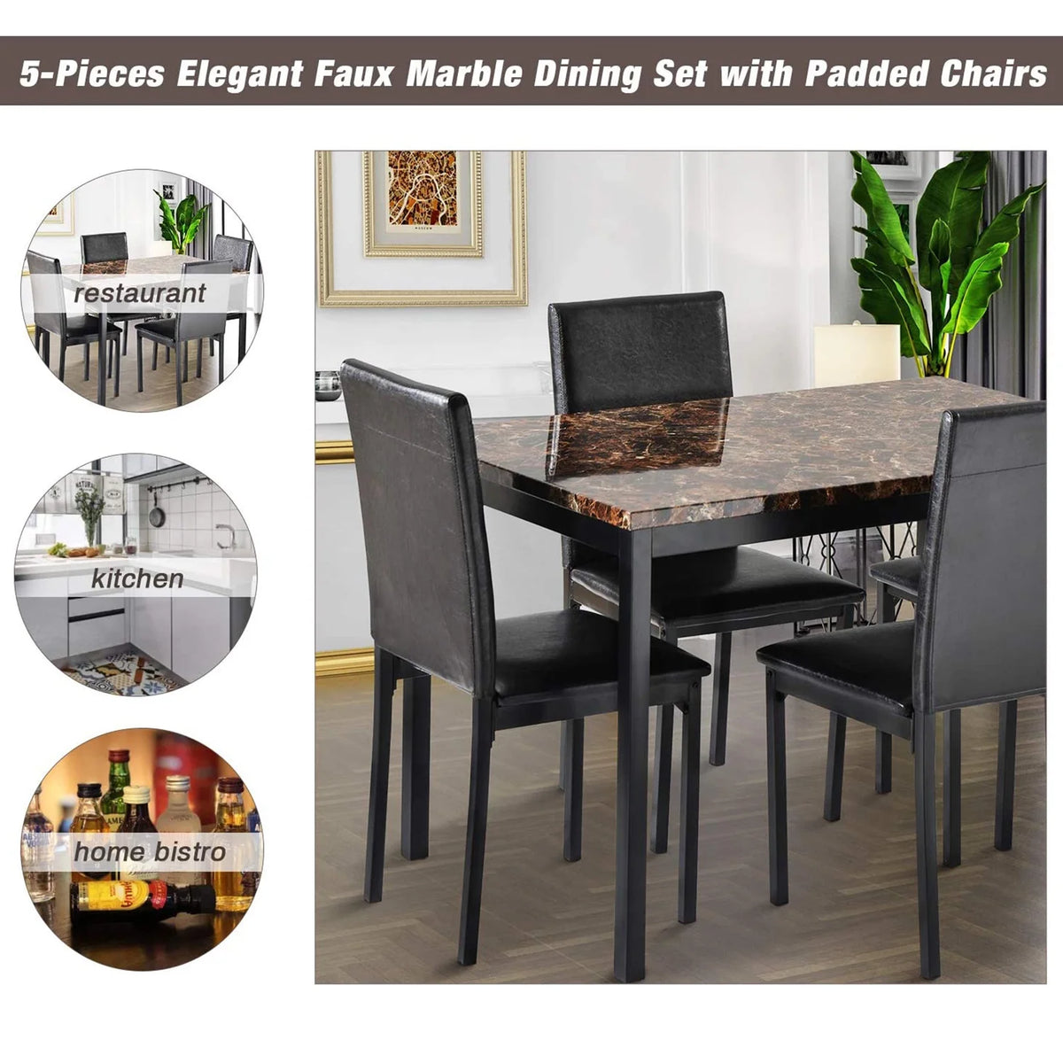 5 Piece Dining Room Table Set, Modern Dining Table Sets with Gray Velvet Upholstered Chairs for 4, Faux Marble Pattern Rectangle Kitchen Table Set for Bar Living Room Breakfast Nook Small Space