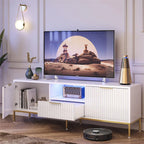 Bestier 55" LED TV Stand for TVs up to 60" Modern High Gloss Entertainment Center with Drawers Cabinets Fluted TV Console, White & Gold