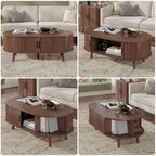 Oval Coffee Table, 42.5" Drum Coffee Table with Sliding Tambour Door, Fluted Accent Center Table with Storage, Mid Century Modern Coffee Table for Living Room, Center Table Walnut