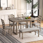 Bellemave 6-Piece Dining Table Set, Rubber Wood Rectangular Kitchen Table Set for 6, Farmhouse Dining Table Set with 4 Upholstered Chairs and Bench (Gray)