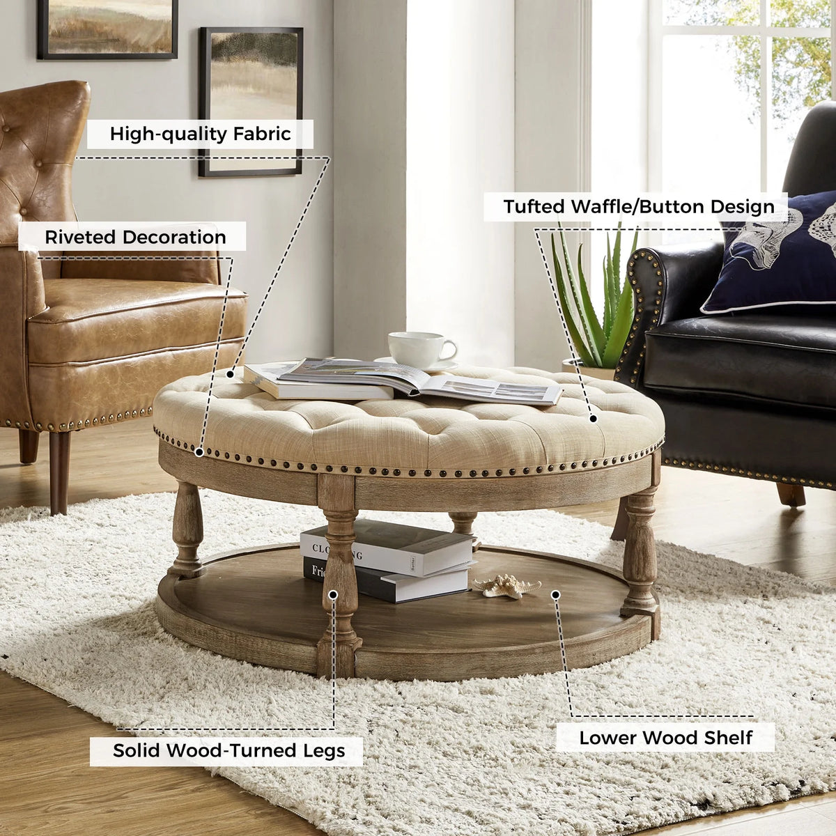 36'' Wide Blue Round Large Ottoman Tufted Coffee Table with Storage Wood Legs Home Living Room