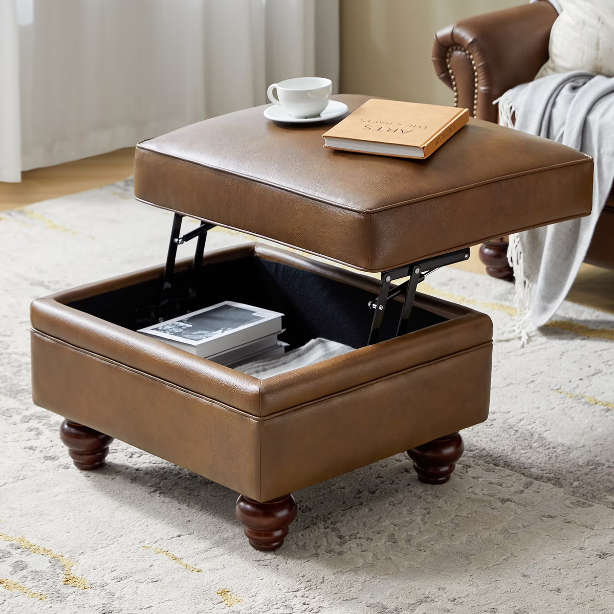 36'' Wide Blue Round Large Ottoman Tufted Coffee Table with Storage Wood Legs Home Living Room