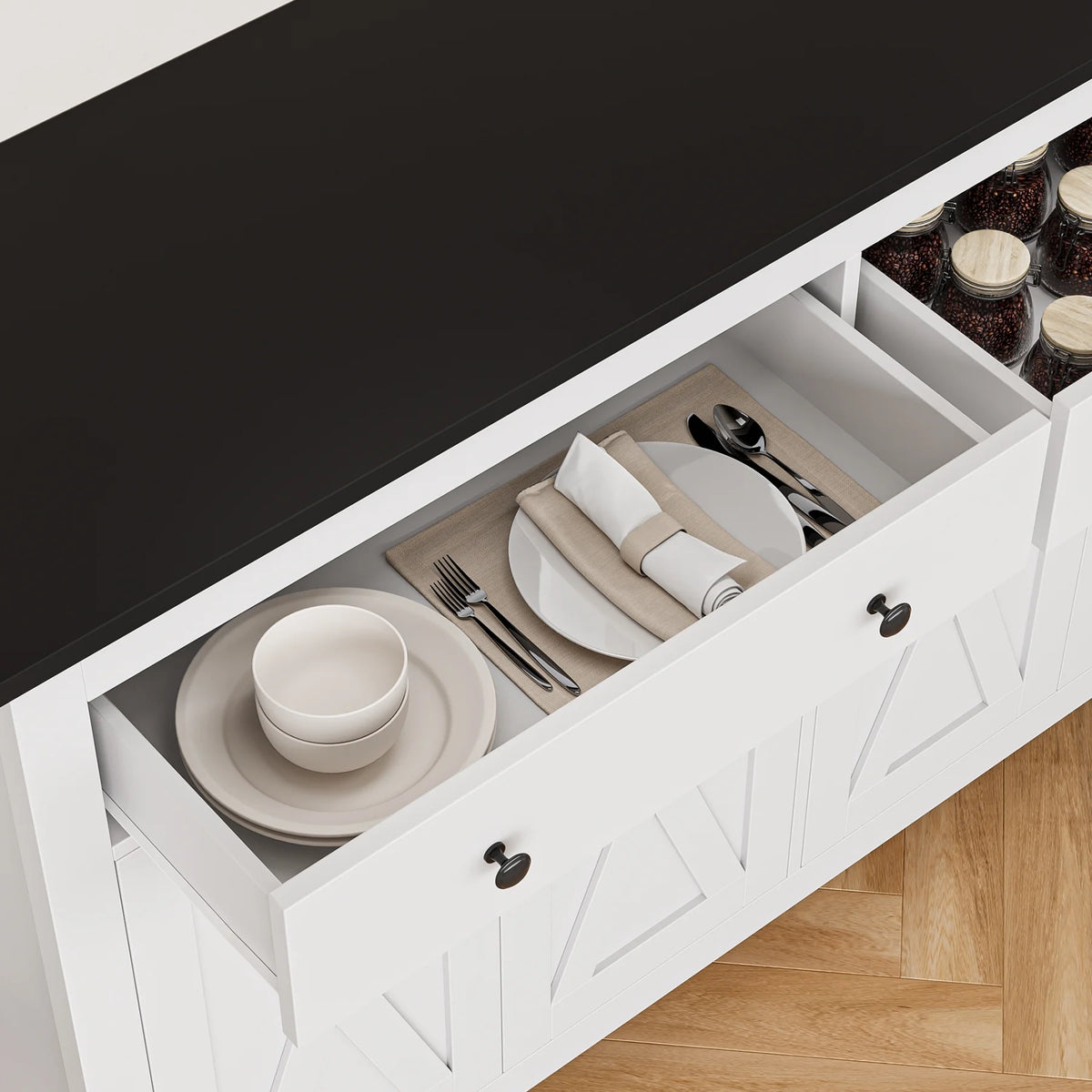 Homfa 55.1'' W Farmhouse Storage Cabinet, 4-Doors 2-Drawers Wood Sideboard with Adjustable Shelves for Kitchen Dining Room, White
