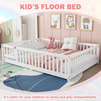 Bellemave Full Size Floor Bed with Door and Fence Floor Bed with Bed Slats Sturdy Wood Floor Bed Montessori Bed Frame (Full, Pink)