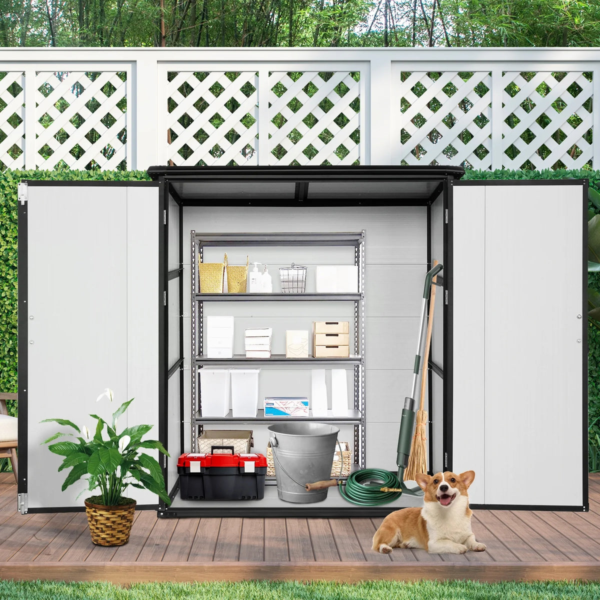 Enyopro 6 x 4.4FT Outdoor Storage Shed, All-Weather Plastic Resin Utility Tool Large Shed with Dual Lockable Doors for Patio Backyard Lawn, Gray