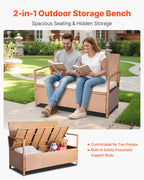 VEVOR Outdoor Storage Bench, 2-Person PE Rattan Storage Bench, 70 Gal Deck Box with Cushion, Supports up to 265 lbs, Weatherproof Outdoor Seating & Porch Decor for Patio Garden Balcony Yard