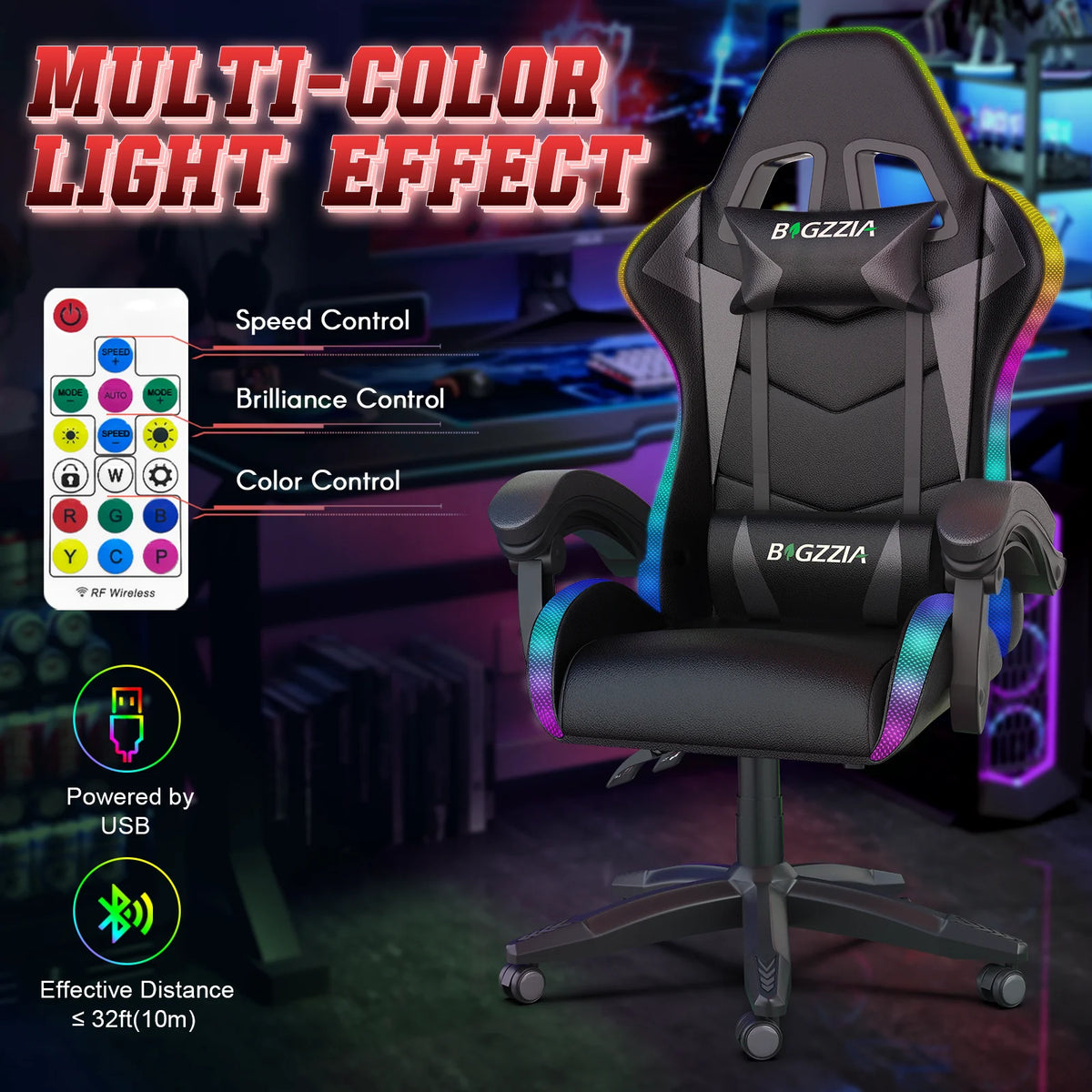 Bigzzia Gaming Chair with LED Lights Ergonomic Office Chair for Adults and Kids - Adjustable Height, 360�� Swivel, Headrest Support, Mesh PU Leather, Black & Green