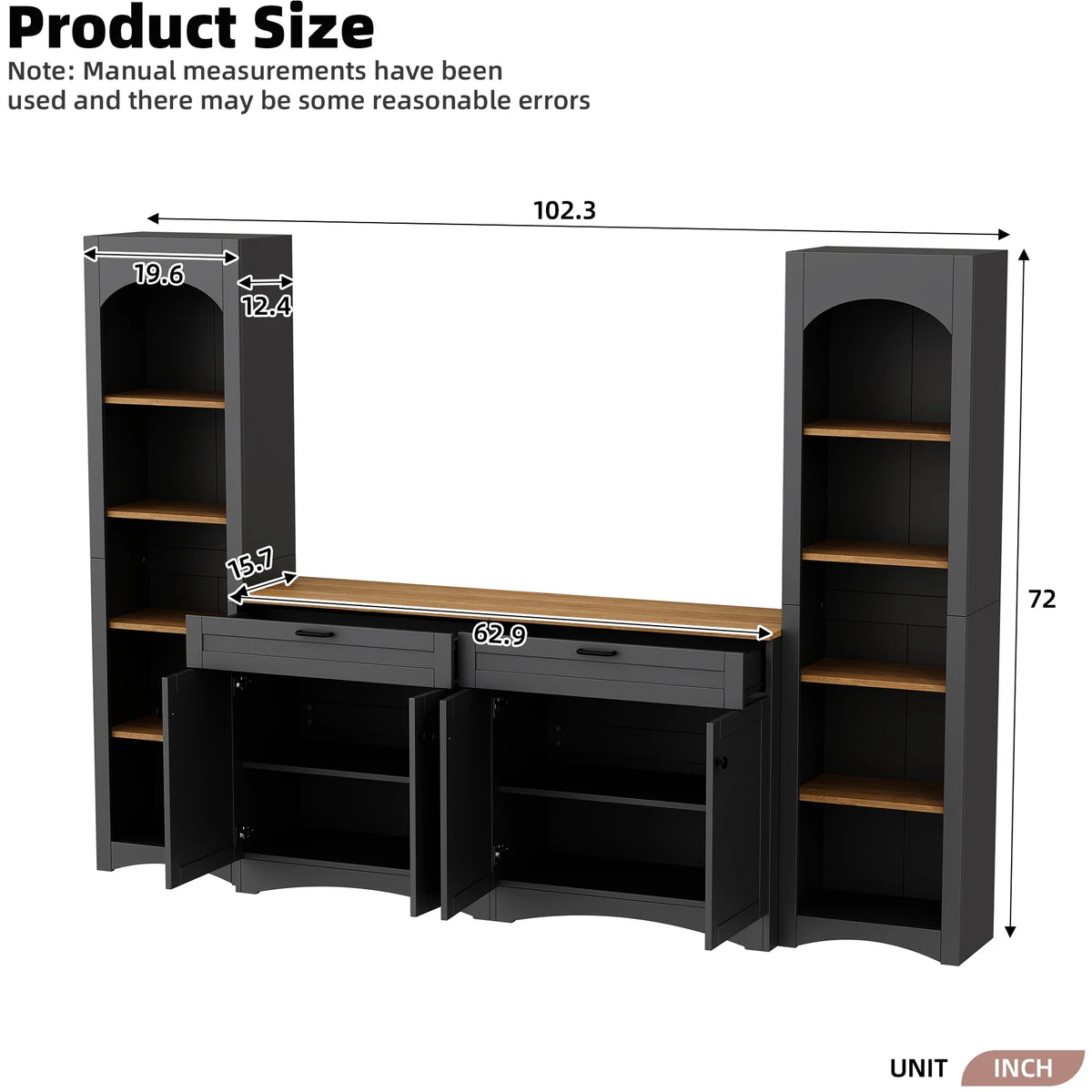 72"h Pantry Pair, 2 , Adjustable Shelves, , Black Finish 2 Bookcase , Cabinet With Vintage Style
