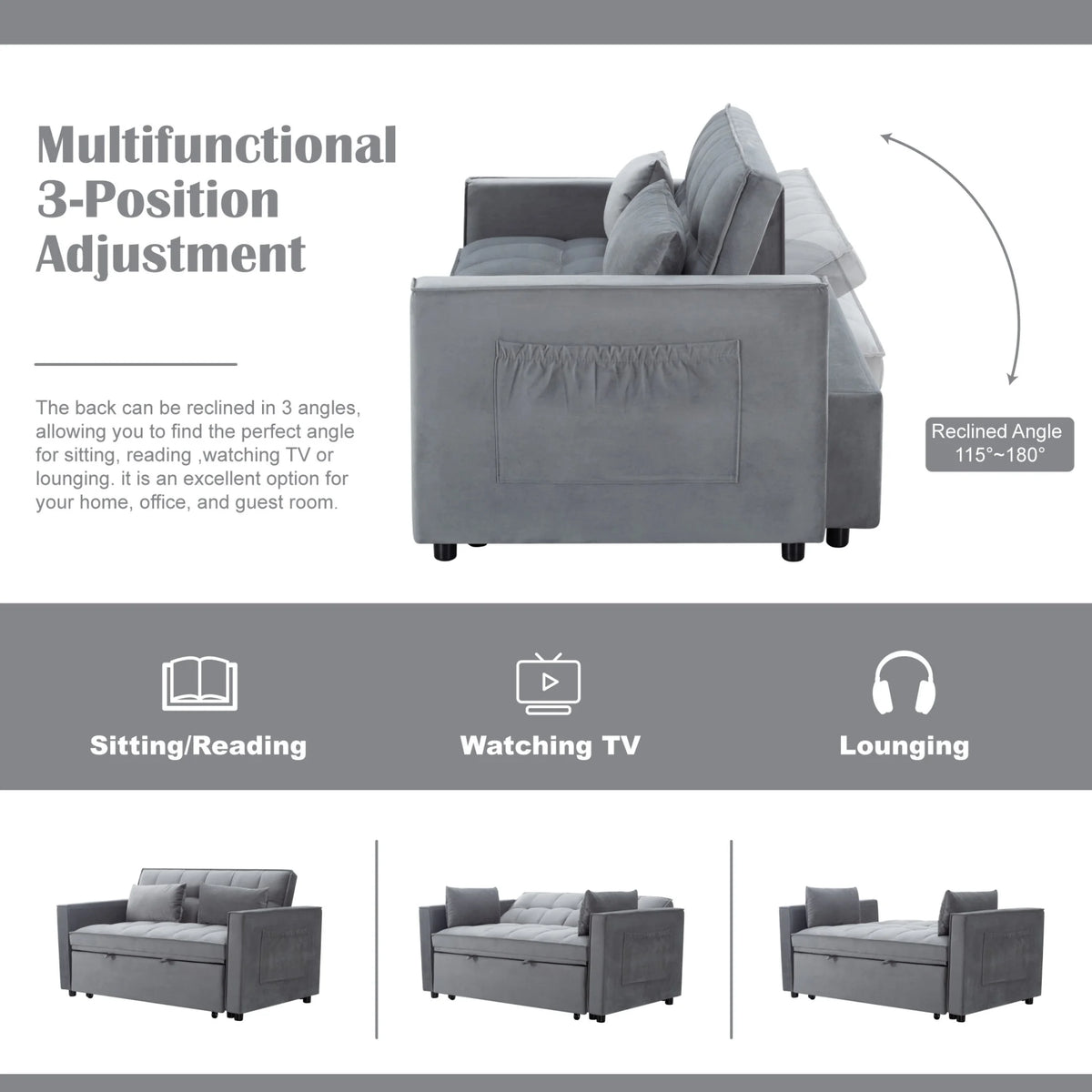 Gewnee 55'' Modern Convertible Velvet Sofa Bed with Pull-Out Twin Bed, Adjustable Backrest for Living Room, Office (Dark Gray)