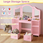 Arlopu Kids Vanity Set with Stool, Wooden Makeup Vanity Desk Children Dressing Table with Chair, Tri-Folding Mirror, Storage Cabinet & Drawers