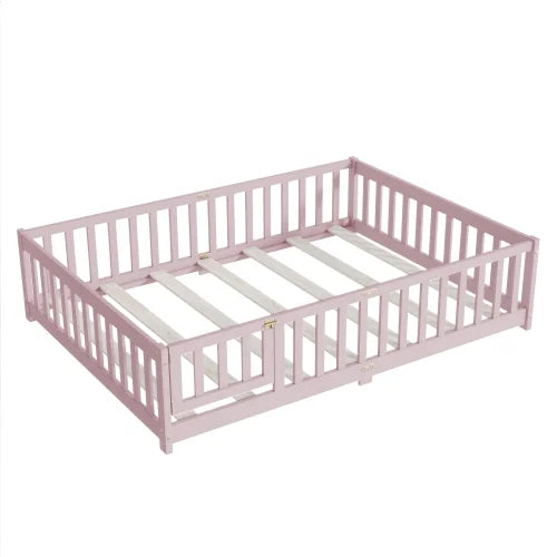 Bellemave Full Size Floor Bed with Door and Fence Floor Bed with Bed Slats Sturdy Wood Floor Bed Montessori Bed Frame (Full, Pink)