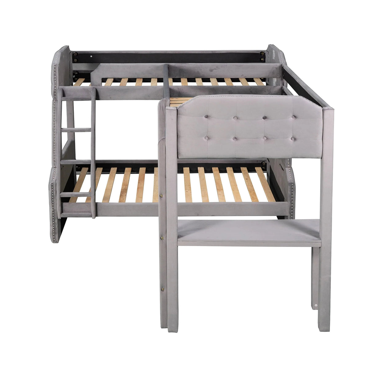 EUROCO Upholstery L-Shaped Twin over Full Bunk Bed and Twin Loft Bed with Desk for Kids Bedroom, Gray