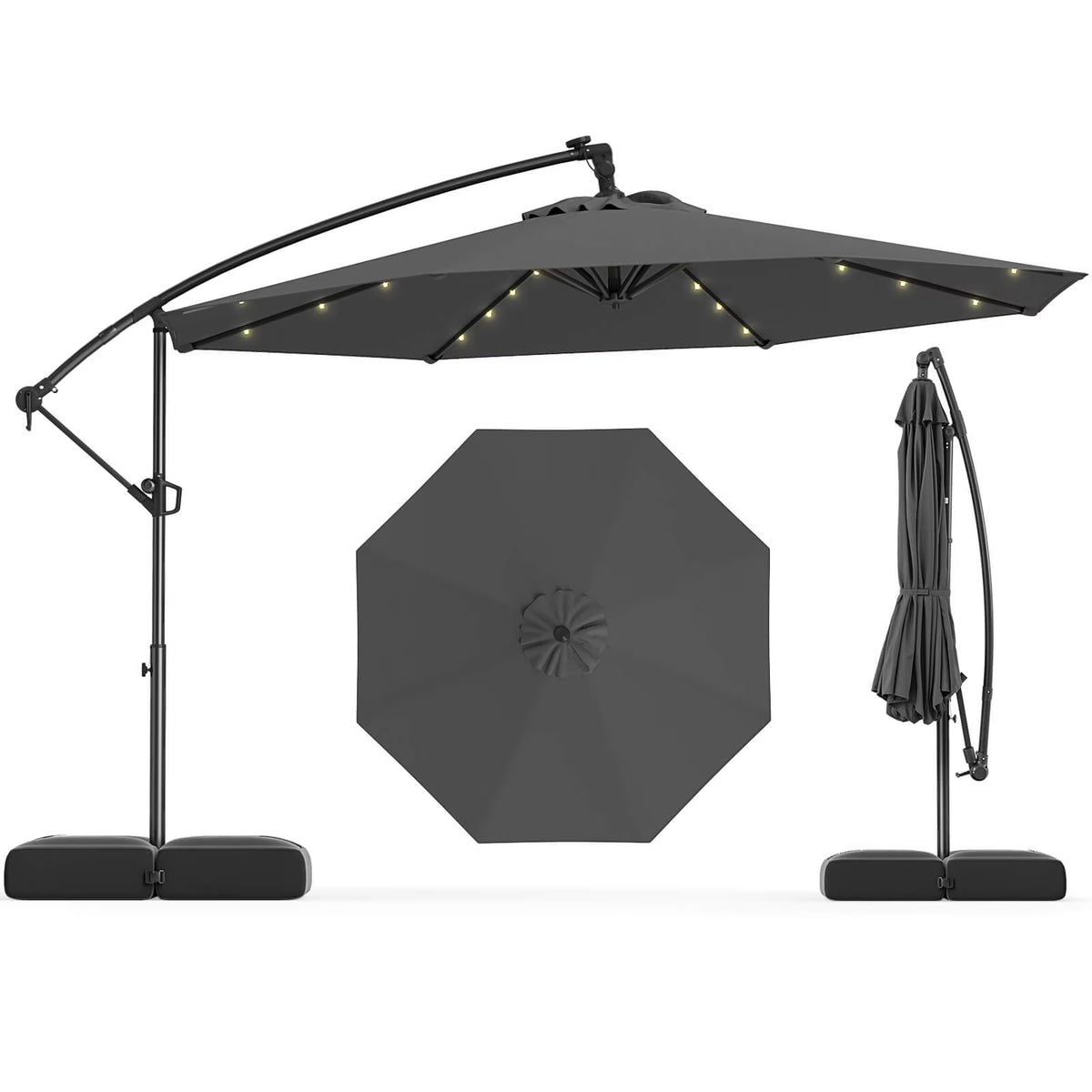 Costway 10 FT Solar Offset Hanging Umbrella Patio Cantilever Umbrella with 32 LED Lights Brown