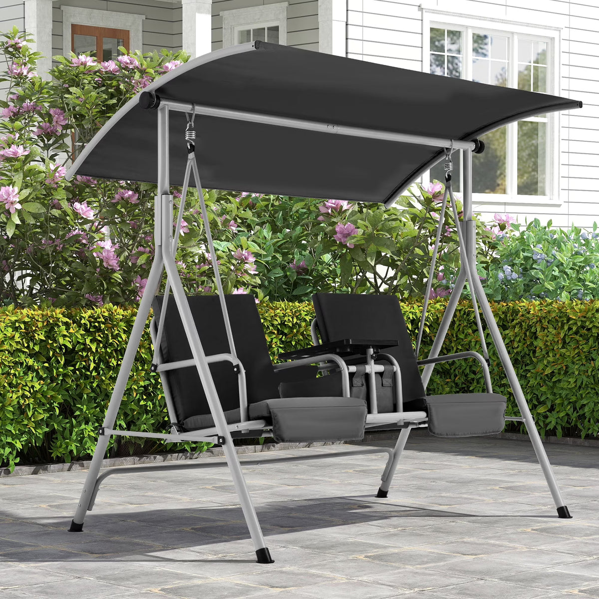 HOMREST Patio Swing with Adjustable Canopy��Heavy Duty 650 LBS Outdoor Swing with Pivot Storage Table & 4 Cup Holders & Cushions for Yard, Lawn, Backyard, Navy Blue