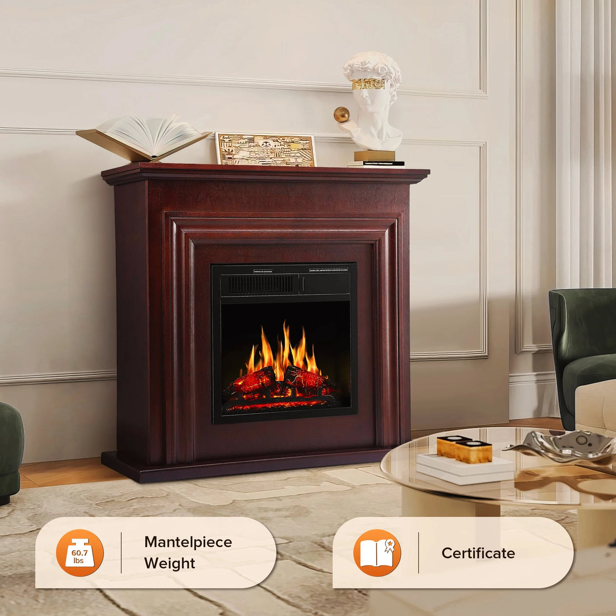 KISSAIR Electric Fireplace Mantel Wooden Surround Firebox, Free Standing Fireplace, with Remote Control, Adjustable LED Flame, 750W/1500W -White