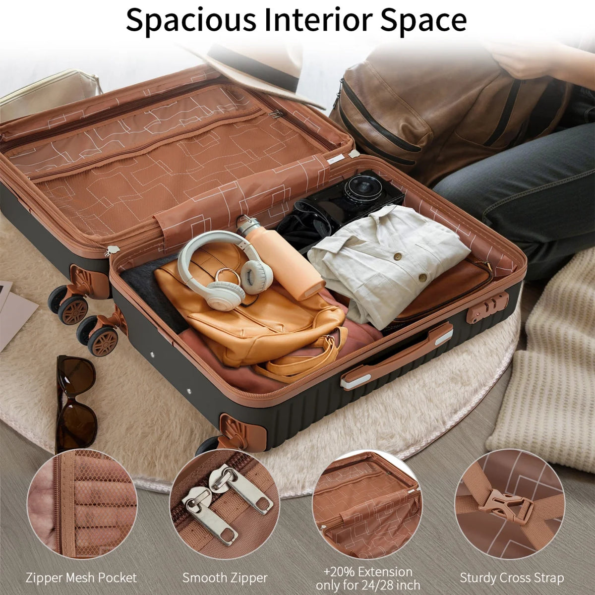 Luggage Sets,4-Piece Lightweight Suitcase Set with 4 Packing Cubes and TSA Lock, Hardshell Suitcases with Spinner Wheels, (16/20/24/28 ),Brown