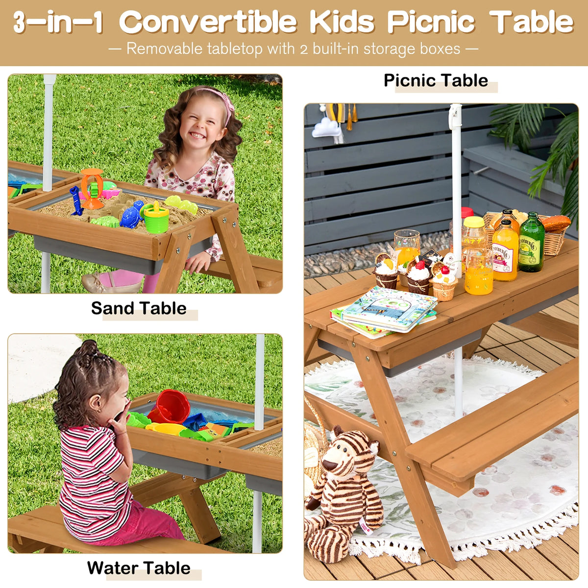 Costway 3-in-1 Kids Picnic Table Wooden Outdoor Sand & Water Table with Umbrella Play Boxes Green