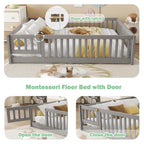 Bellemave Full Size Floor Bed with Door and Fence Floor Bed with Bed Slats Sturdy Wood Floor Bed Montessori Bed Frame (Full, Pink)