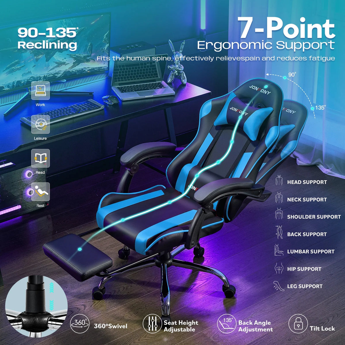 JONPONY Big and Tall 500LBS Gaming Chair, Ergonomic Design, Gamer Chair PU Leather with Footrest and Lumbar Support, High Back Office Chair Support 8 Hours Long Sitting,Red Computer Chair,Red