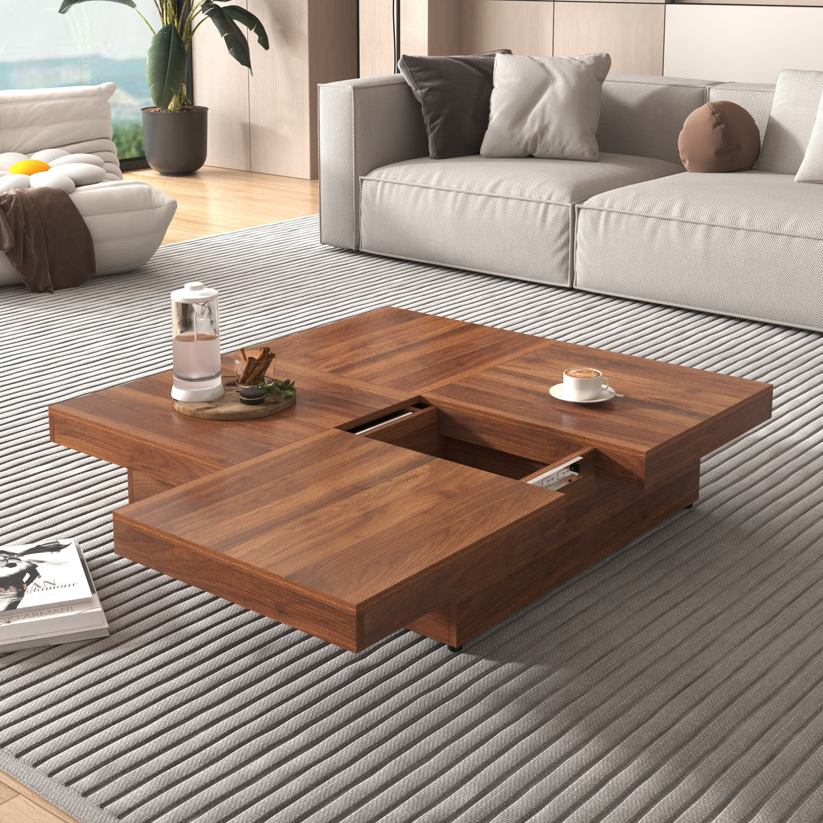 PORKISS Square Coffee Table, Modern Coffee Table with Sliding Top and Storage Space, Cocktail Table with Storage and Grain Veneer Finish, Freestanding Storage Coffee Table for Living Room, Walnut