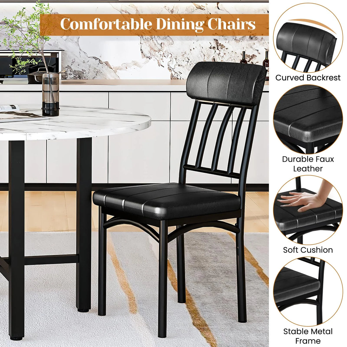 Furlinkhm Round Dining Table Set for 4, Wood Round Kitchen Table and Chairs Set for 4, Modern Dining Room Table Set with 4 Faux Leather Chairs, Round Dinner Table for Small Space, Walnut