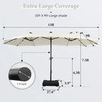 Summit Living 15 FT Double-Sided Solar Patio Umbrella with Base Large Outdoor Umbrella with LED Solar Lights - Haze Blue