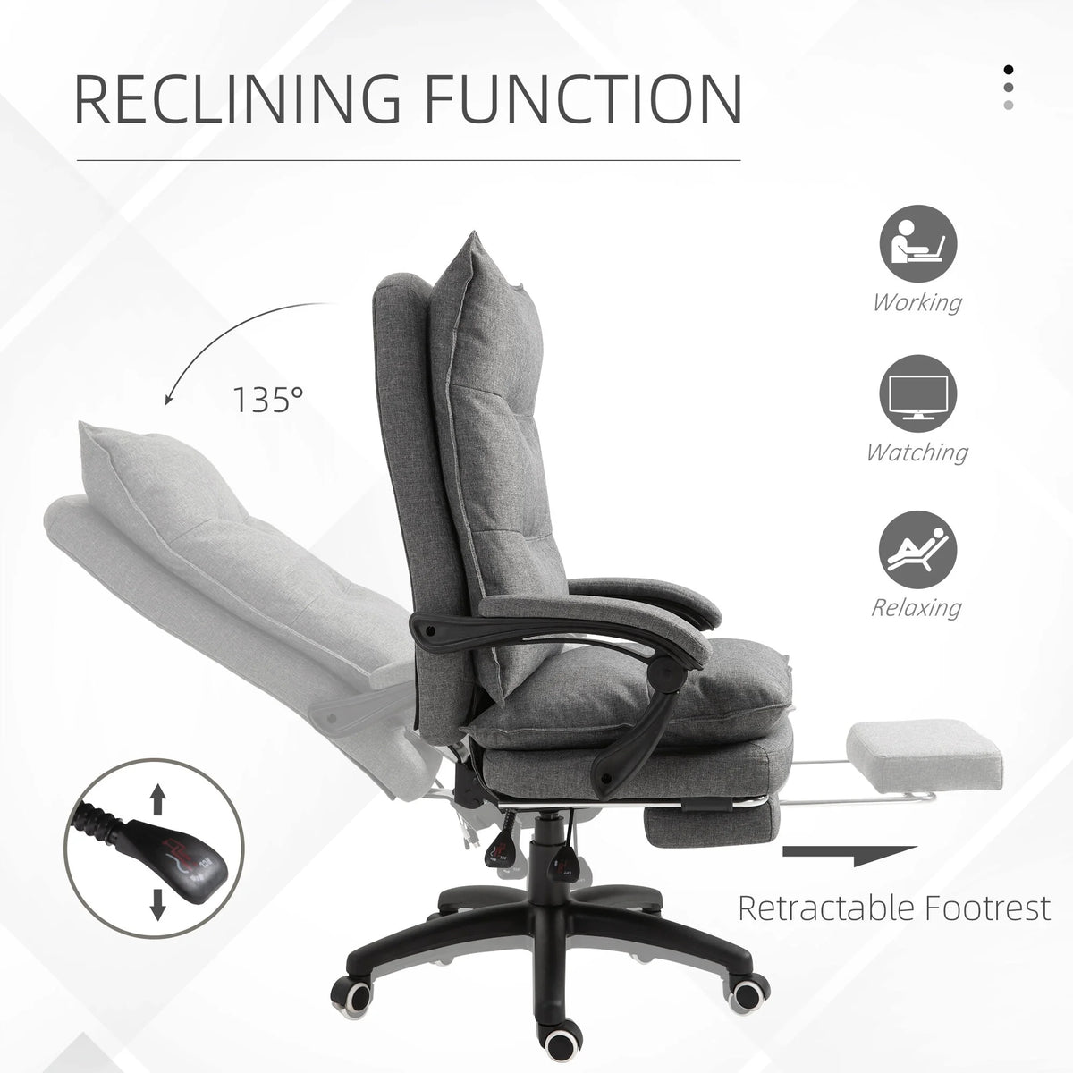 Office Chair Vinsetto 360�� Swivel Executive Home Office Chair Adjustable Height Linen Style Fabric Recliner with Retractable Footrest and Double Padding, Grey,Ergonomic Office Chair