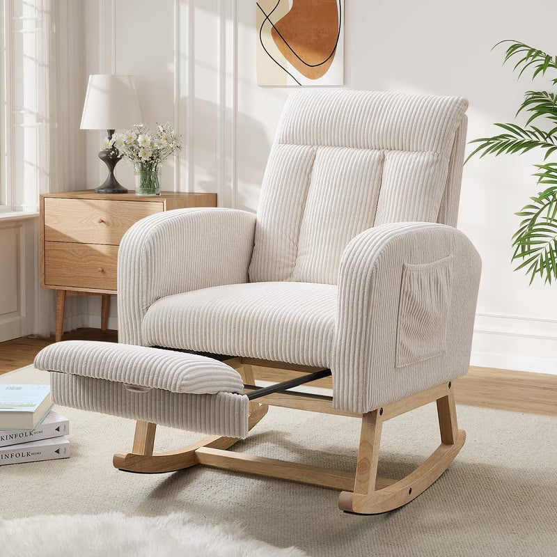 FFH Rocking Chair Nursery, Tufted Accent Rocker Chair, Upholstered Armchair with Adjustable Footrest, Side Pocket, High Backrest, Padded Seat, Polyester Blend (Retro, Dark Gray)