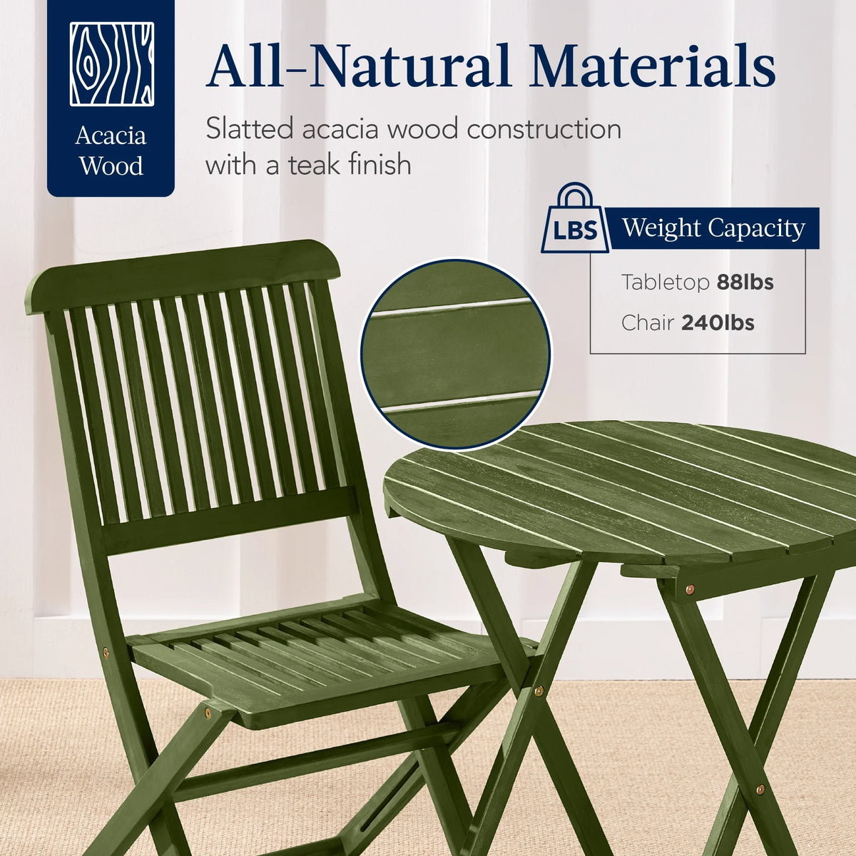 Best Choice Products 3-Piece Acacia Wood Bistro Set, Folding Patio Furniture w/ 2 Chairs, Table - Natural