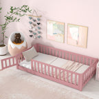 UHOMEPRO Twin Size Floor Bed with Door and Fence, Montessori Floor Bed with Slats and Safety Guardrails, Solid Wood Twin Bed Frame for Bedroom, White