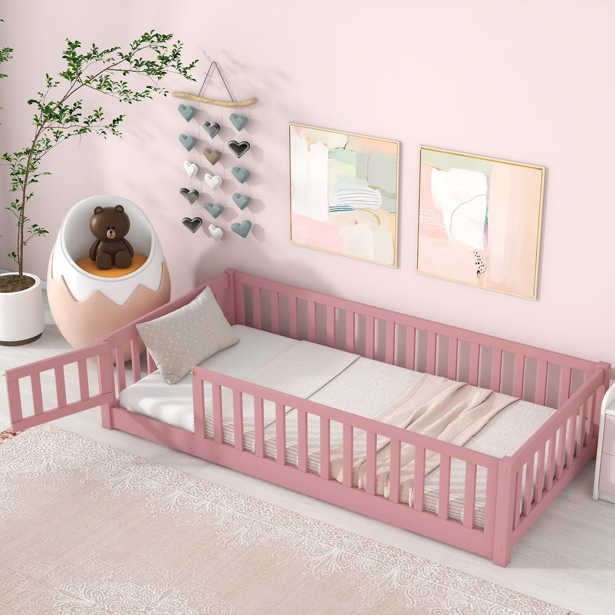 UHOMEPRO Twin Size Floor Bed with Door and Fence, Montessori Floor Bed with Slats and Safety Guardrails, Solid Wood Twin Bed Frame for Bedroom, White