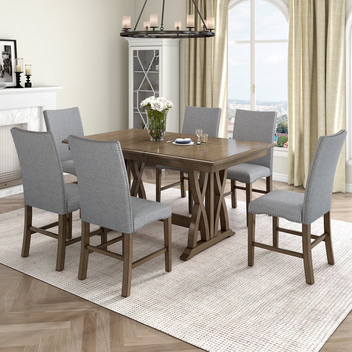 Harper & Bright Designs Farmhouse 7 Pieces Extendable Dining Table Set for 6, Solid Wood Kitchen Table with Butterfly Leaf and 6 Upholstered Chairs, Brown
