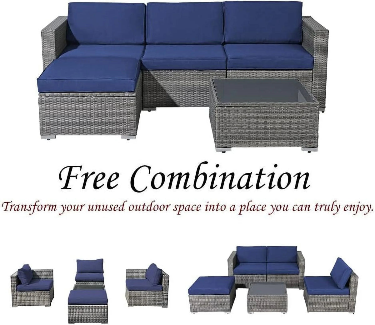 Patiorama 5-Piece Patio Furniture Set, Outdoor Sectional Conversation Set, All-Weather Grey PE Wicker with Light Grey Cushions, Backyard Porch Garden